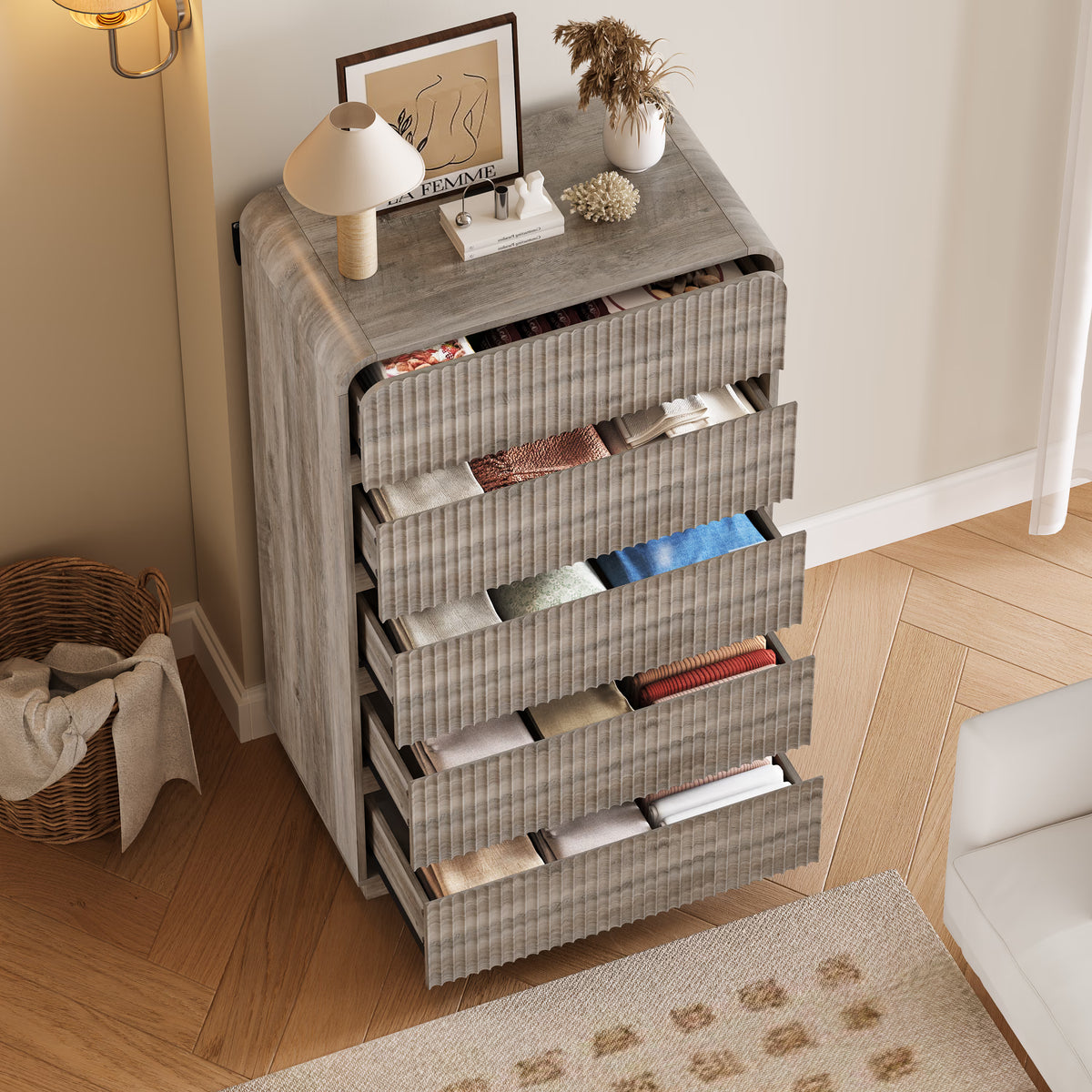 Anymaple Linea Gray fluted 5-drawer tall dresser open drawer storage for clothes and linens