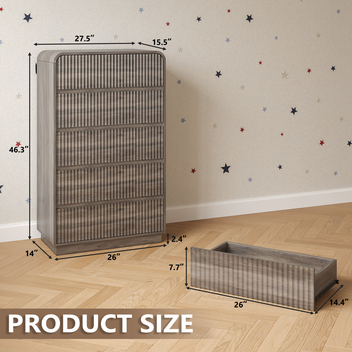 Anymaple Linea Gray fluted 5-drawer tall dresser product size dimensions, 28"W x 16"D x 46"H