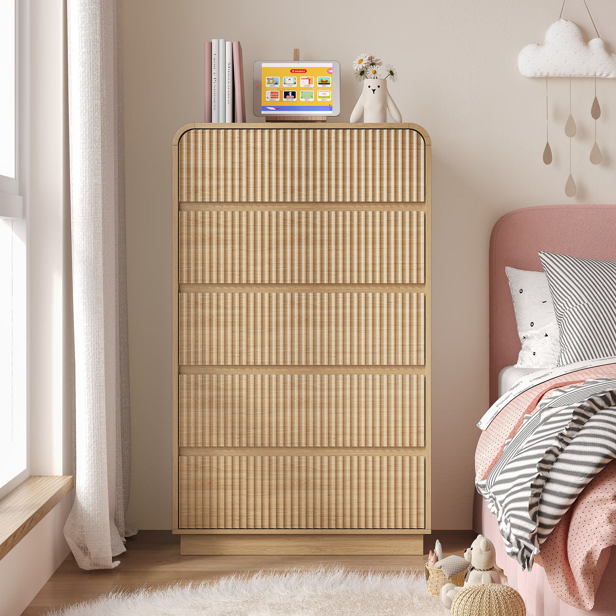 Anymaple Linea Oak fluted 5-drawer tall dresser anti-tip hardware, easy-clean top, and fluted drawer detail