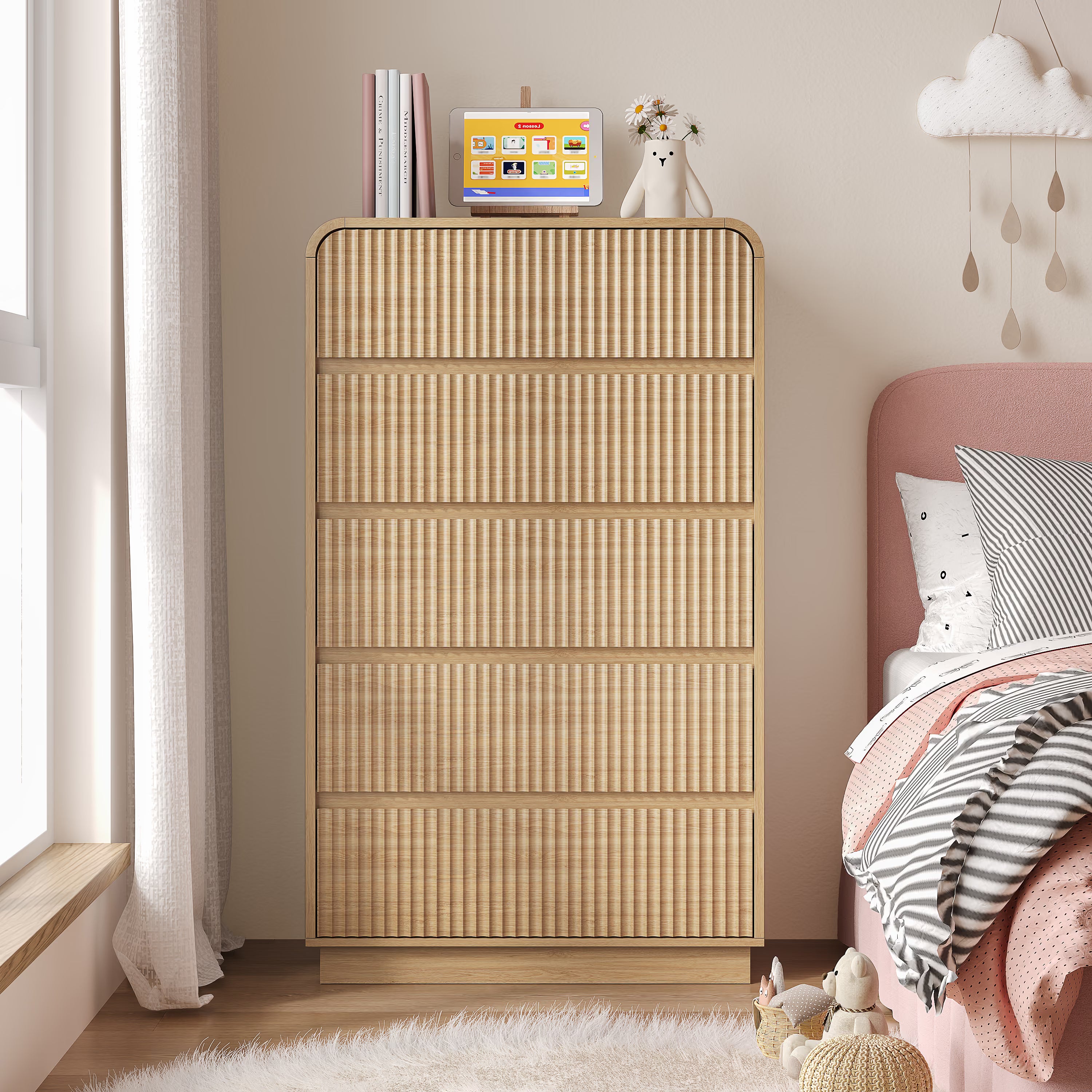 Anymaple Linea Oak fluted 5-drawer tall dresser anti-tip hardware, easy-clean top, and fluted drawer detail