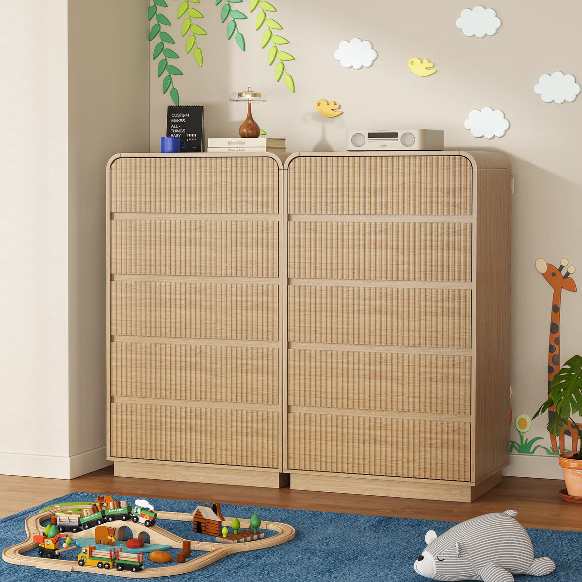 Anymaple Linea Oak fluted 5-drawer tall dresser modern bedroom storage detail