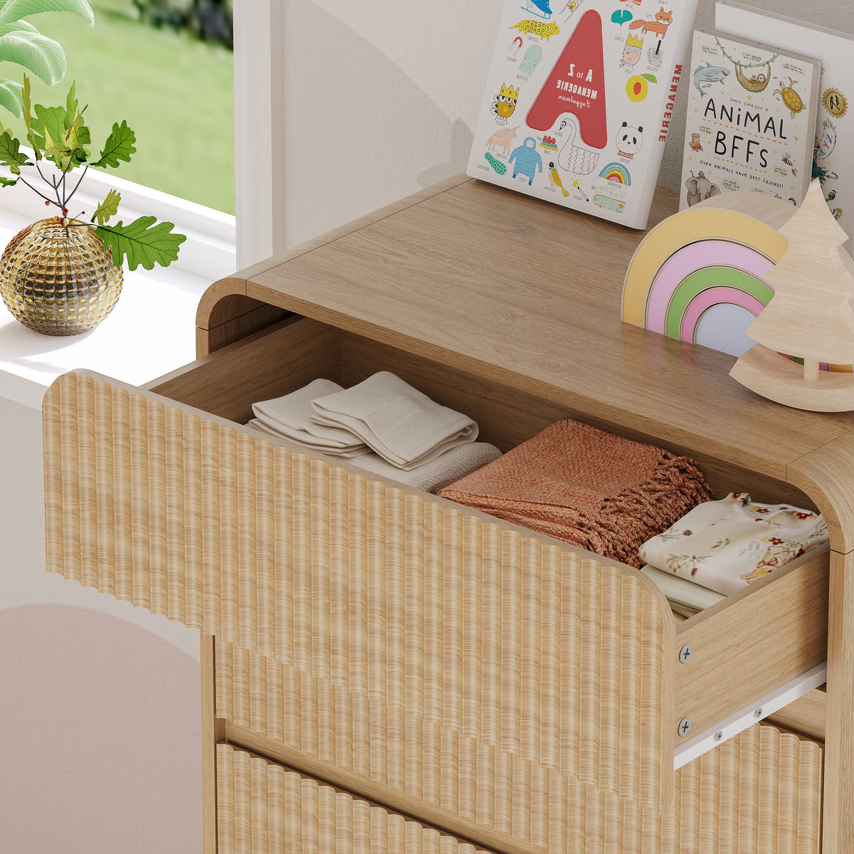 Anymaple Linea Oak fluted 5-drawer tall dresser anti-tip hardware, easy-clean top, and fluted drawer detail