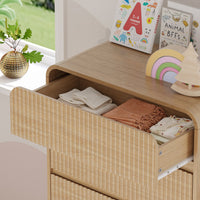 Anymaple Linea Oak fluted 5-drawer tall dresser anti-tip hardware, easy-clean top, and fluted drawer detail