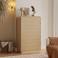 Anymaple Linea Oak fluted 5-drawer tall dresser bedroom main view with rounded corners and hidden handles