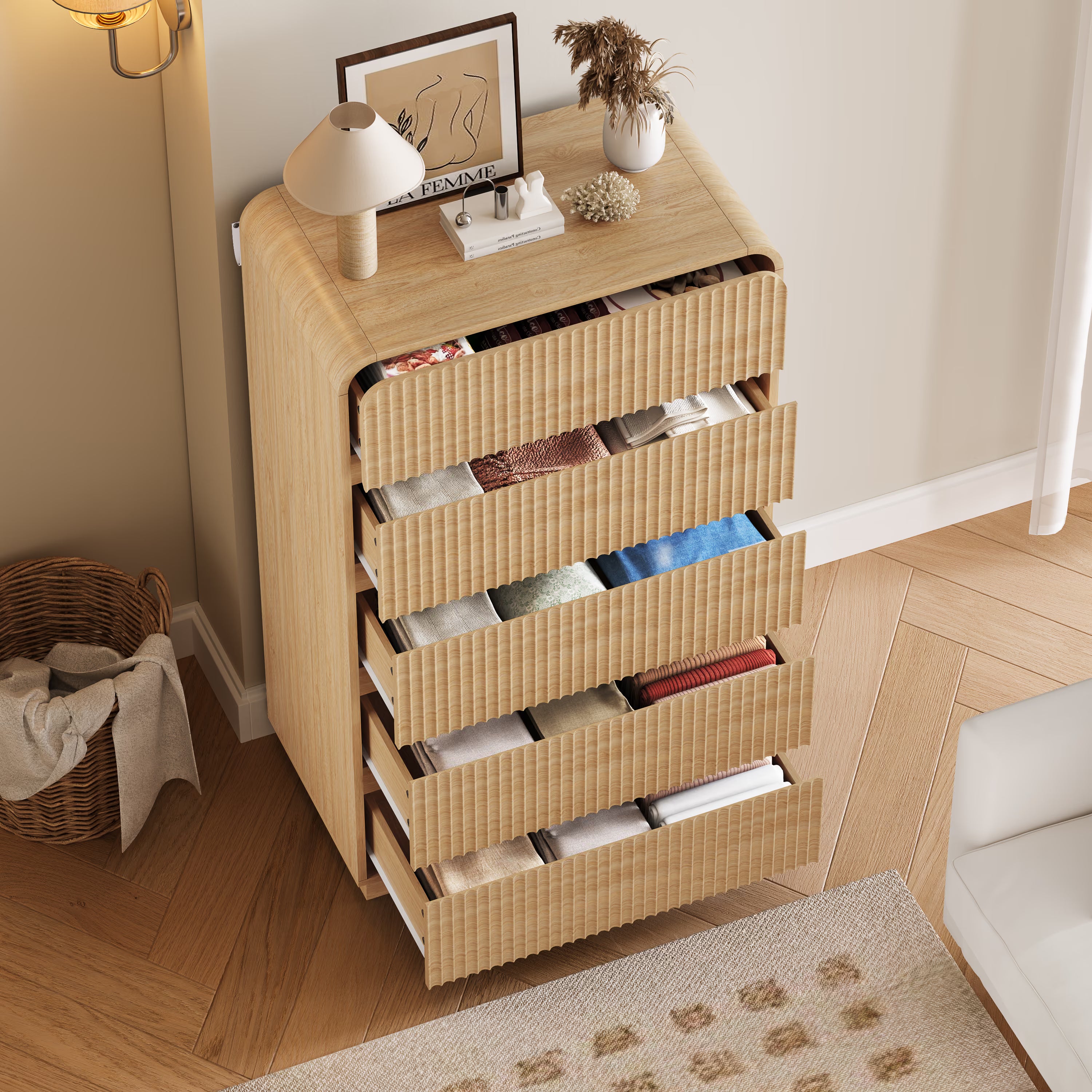 Anymaple Linea Oak fluted 5-drawer tall dresser open drawer storage for clothes and linens