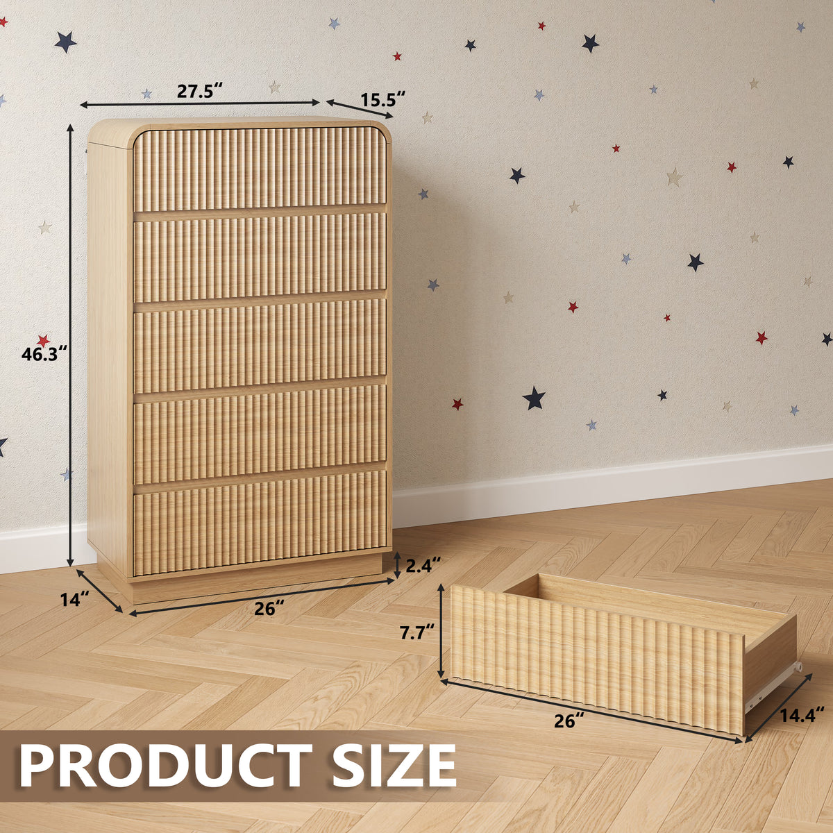 Anymaple Linea Oak fluted 5-drawer tall dresser product size dimensions, 28"W x 16"D x 46"H