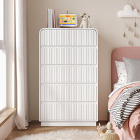 Anymaple Linea White fluted 5-drawer tall dresser anti-tip hardware, easy-clean top, and fluted drawer detail