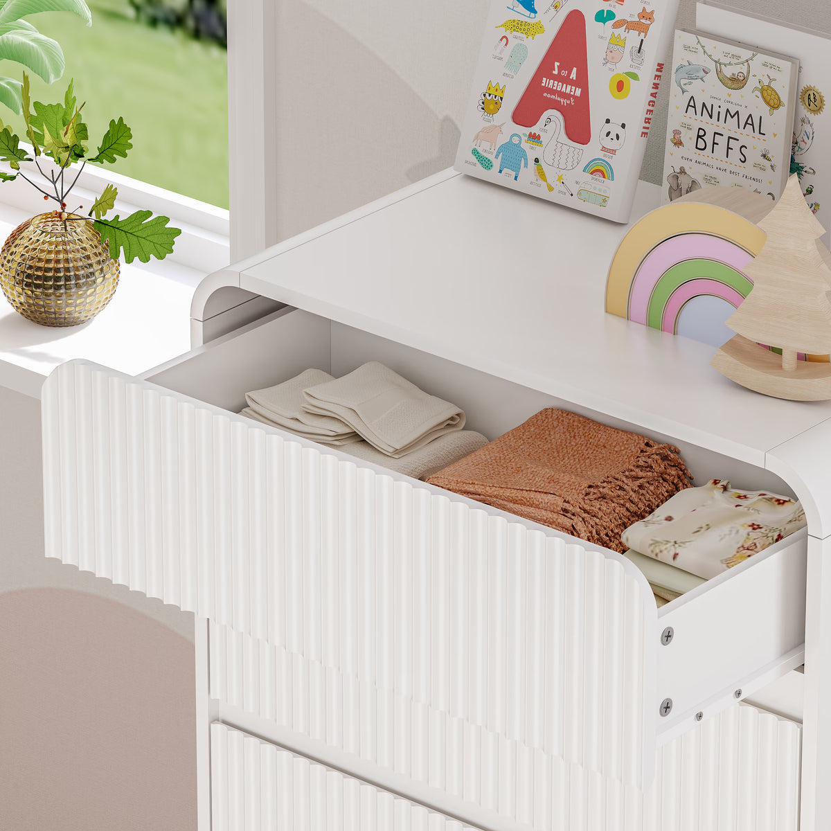 Anymaple Linea White fluted 5-drawer tall dresser anti-tip hardware, easy-clean top, and fluted drawer detail
