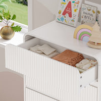 Anymaple Linea White fluted 5-drawer tall dresser anti-tip hardware, easy-clean top, and fluted drawer detail