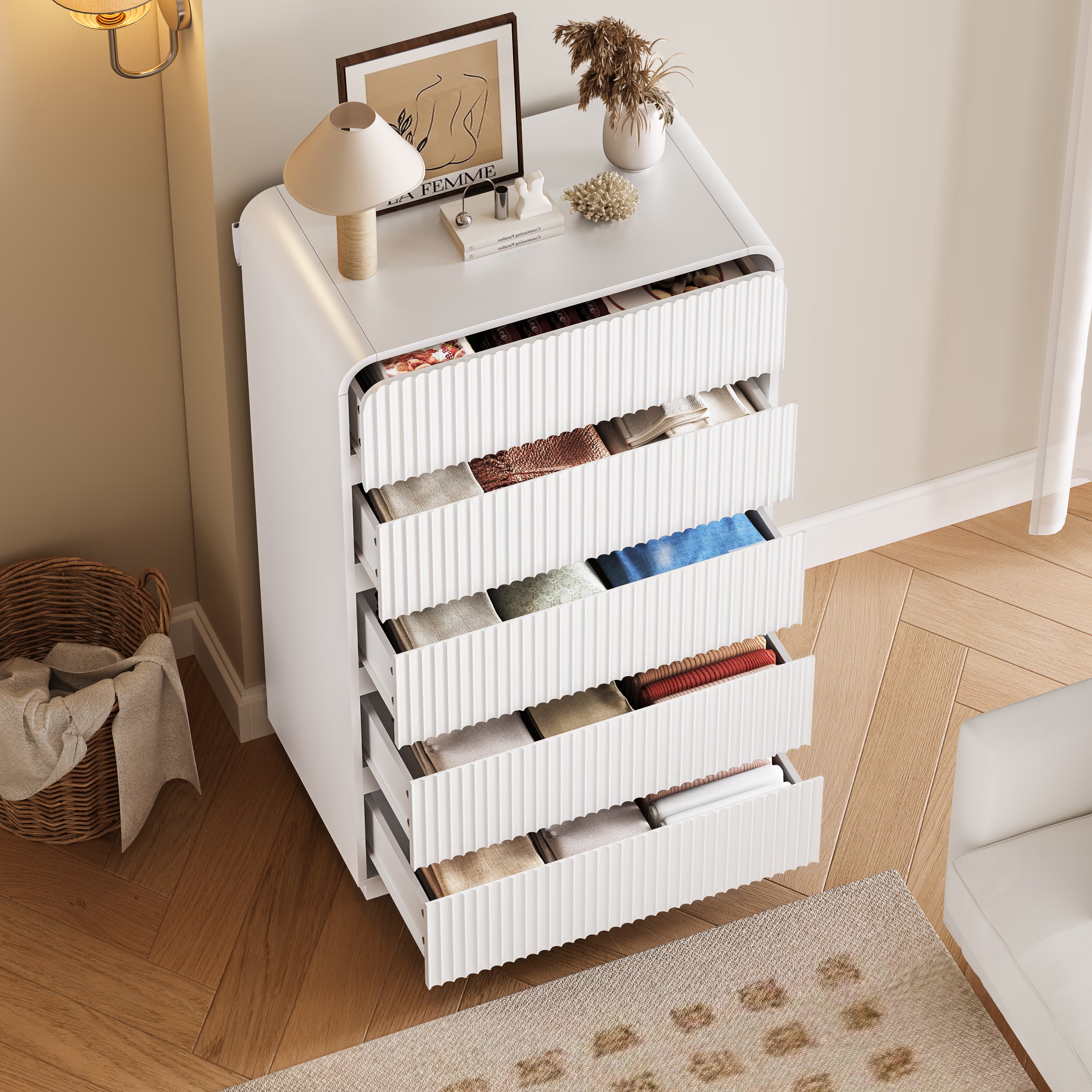 Anymaple Linea White fluted 5-drawer tall dresser open drawer storage for clothes and linens