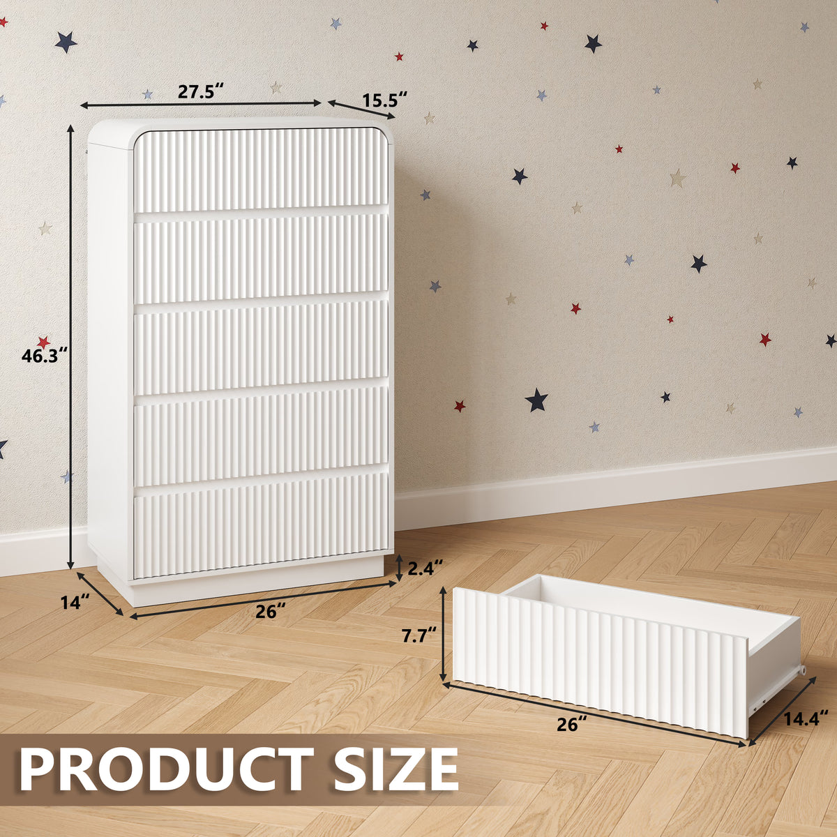 Anymaple Linea White fluted 5-drawer tall dresser product size dimensions, 28"W x 16"D x 46"H