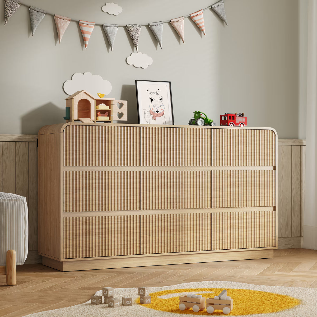 Mother and baby enjoying a clean and organized nursery with our premium oak wood dresser