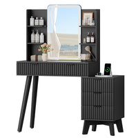 Anymaple Linea Black fluted vanity desk with HD lighted mirror modern bedroom dressing table room view