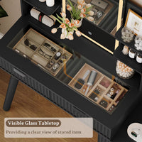 Anymaple Linea Black fluted vanity desk with HD lighted mirror drawer organization for cosmetics, jewelry, and makeup tools