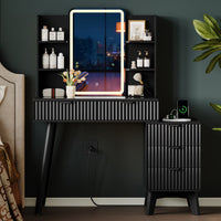 Anymaple Linea Black fluted vanity desk with HD lighted mirror fluted drawer fronts and hidden pull detail