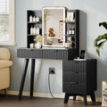 Anymaple Linea Black fluted vanity desk with HD lighted mirror transparent glass tabletop with visible cosmetic storage