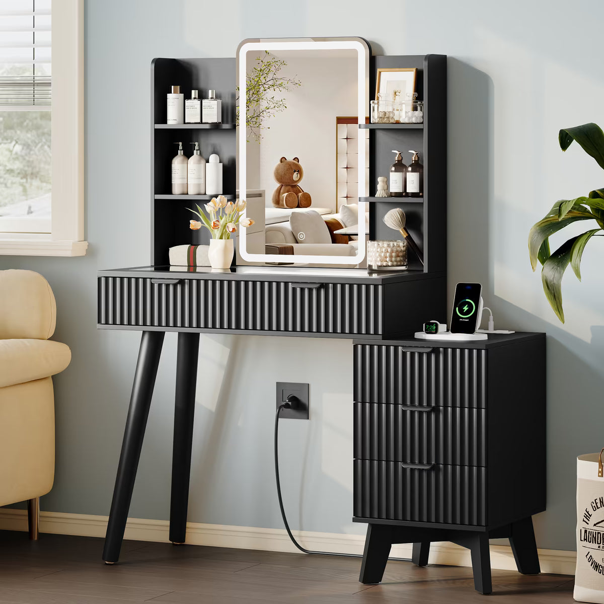 Anymaple Linea Black fluted vanity desk with HD lighted mirror transparent glass tabletop with visible cosmetic storage