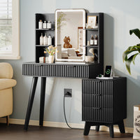 Anymaple Linea Black fluted vanity desk with HD lighted mirror transparent glass tabletop with visible cosmetic storage