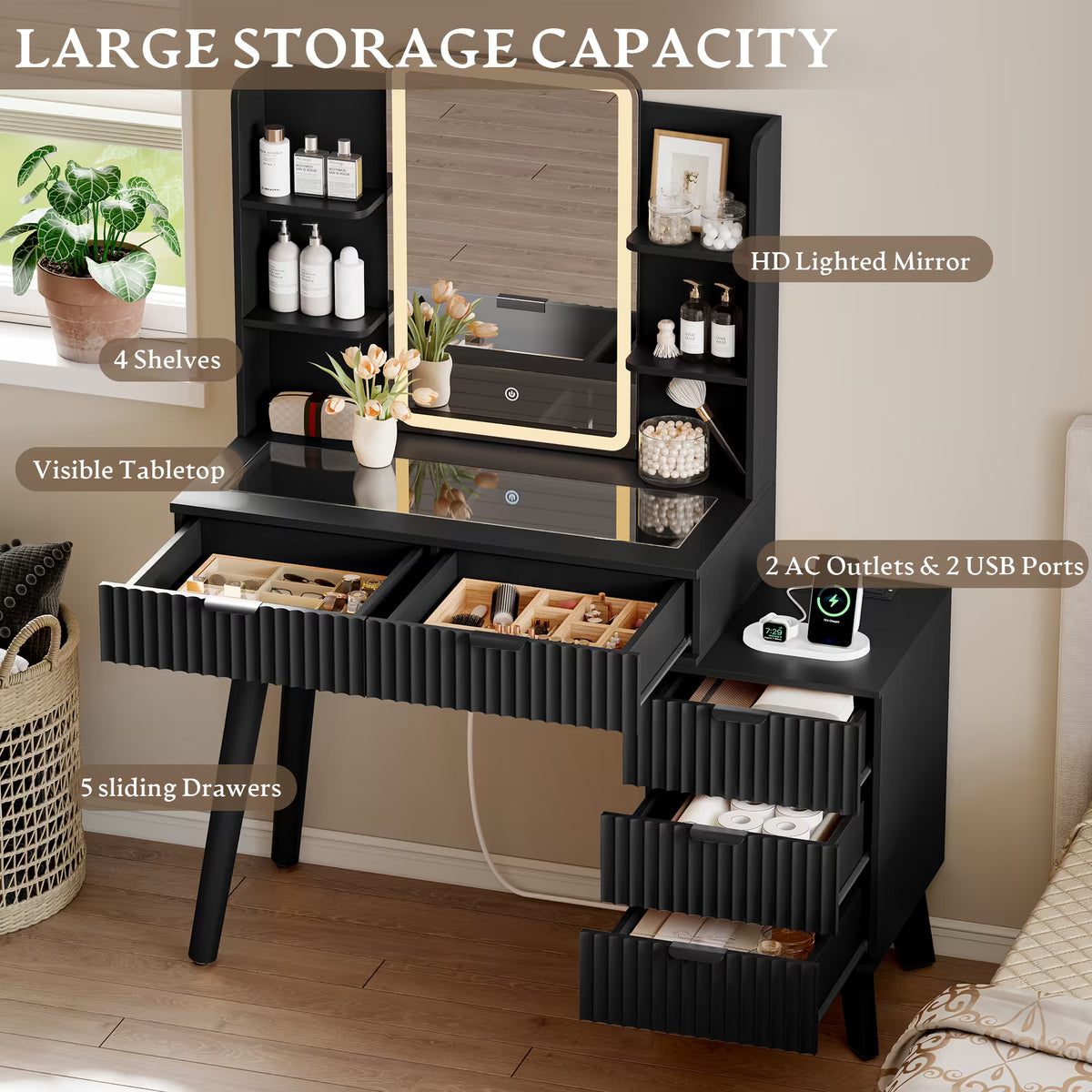 Anymaple Linea Black fluted vanity desk with HD lighted mirror three color lighting modes with adjustable brightness