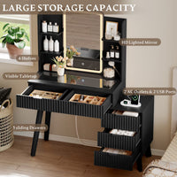 Anymaple Linea Black fluted vanity desk with HD lighted mirror three color lighting modes with adjustable brightness