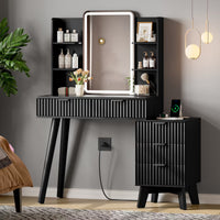 Anymaple Linea Black fluted vanity desk with HD lighted mirror main view with HD lighted mirror, fluted drawers, side shelves, and charging station