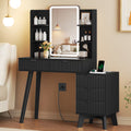 Anymaple Linea Black fluted vanity desk with HD lighted mirror HD mirror and LED lighted makeup station detail