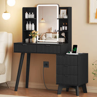 Anymaple Linea Black fluted vanity desk with HD lighted mirror HD mirror and LED lighted makeup station detail