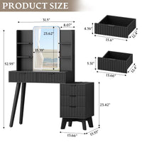 Anymaple Linea Black fluted vanity desk with HD lighted mirror product size dimensions, 42"W x 16"D x 53"H