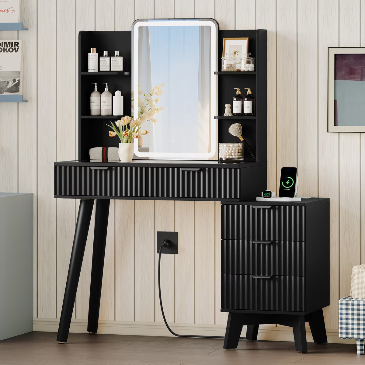 Anymaple Linea Black fluted vanity desk with HD lighted mirror side cabinet and lower drawer storage for beauty essentials