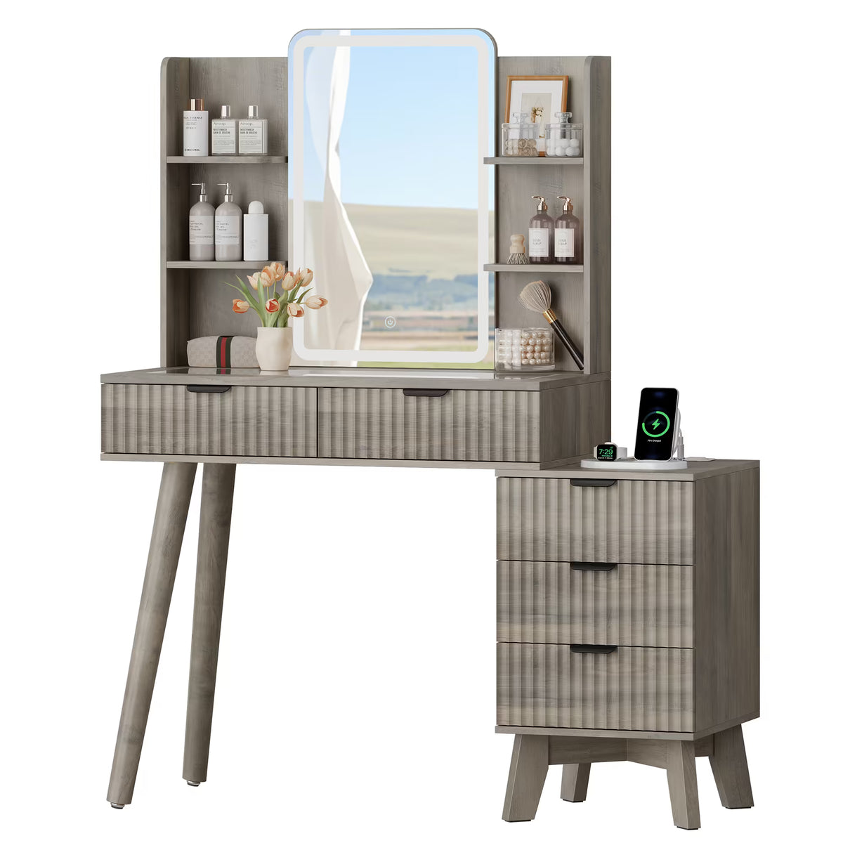 Anymaple Linea Gray fluted vanity desk with HD lighted mirror modern bedroom dressing table room view