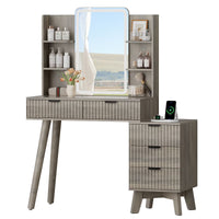 Anymaple Linea Gray fluted vanity desk with HD lighted mirror modern bedroom dressing table room view