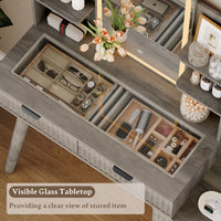 Anymaple Linea Gray fluted vanity desk with HD lighted mirror drawer organization for cosmetics, jewelry, and makeup tools
