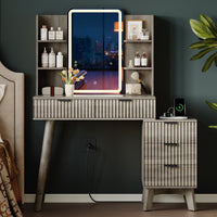 Anymaple Linea Gray fluted vanity desk with HD lighted mirror fluted drawer fronts and hidden pull detail