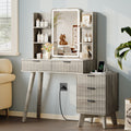 Anymaple Linea Gray fluted vanity desk with HD lighted mirror transparent glass tabletop with visible cosmetic storage