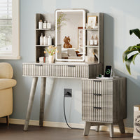 Anymaple Linea Gray fluted vanity desk with HD lighted mirror transparent glass tabletop with visible cosmetic storage