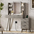 Anymaple Linea Gray fluted vanity desk with HD lighted mirror main view with HD lighted mirror, fluted drawers, side shelves