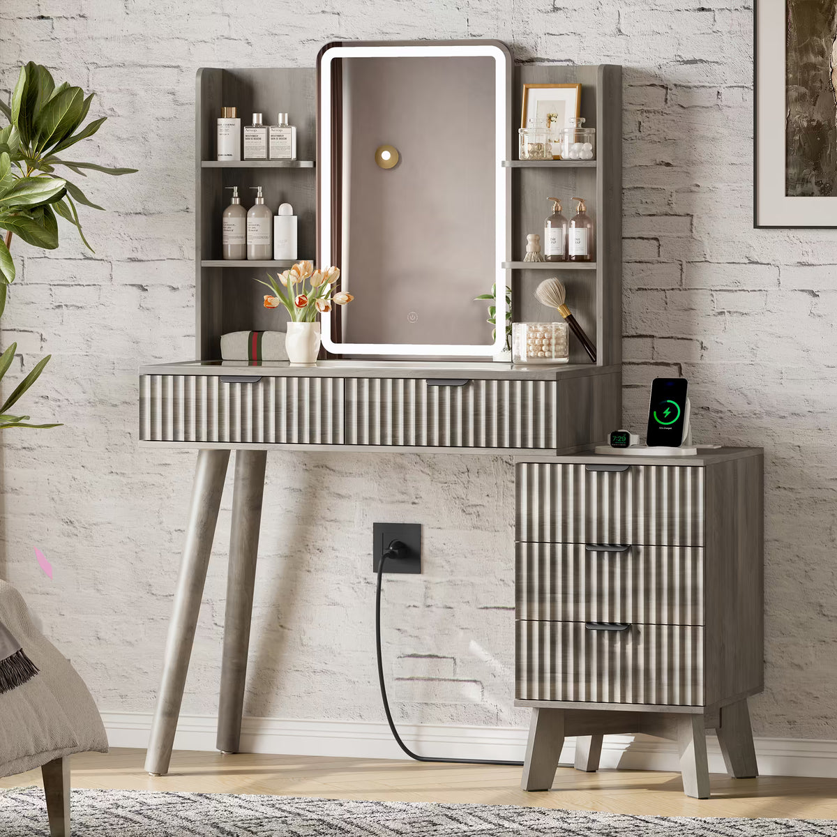 Anymaple Linea Gray fluted vanity desk with HD lighted mirror main view with HD lighted mirror, fluted drawers, side shelves, and charging station