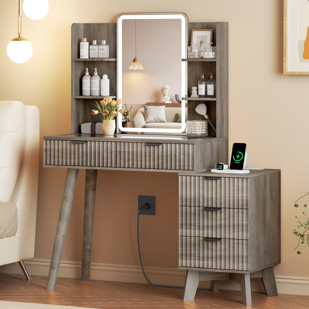 Anymaple Linea Gray fluted vanity desk with HD lighted mirror HD mirror and LED lighted makeup station detail