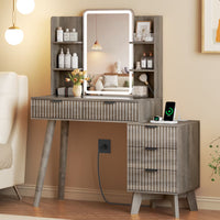Anymaple Linea Gray fluted vanity desk with HD lighted mirror HD mirror and LED lighted makeup station detail
