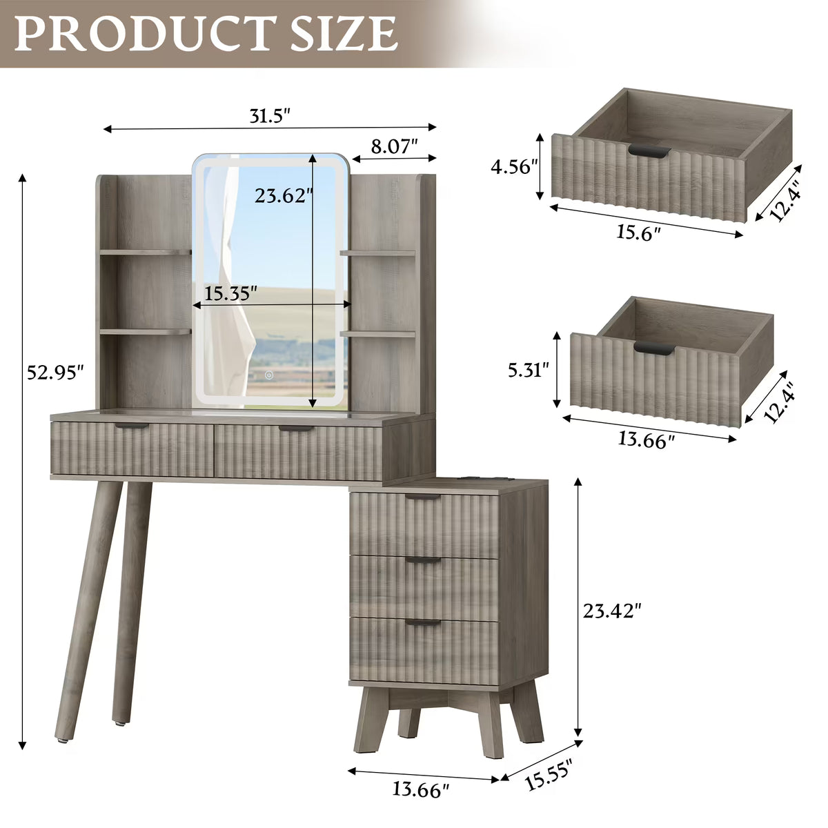 Anymaple Linea Gray fluted vanity desk with HD lighted mirror product size dimensions, 42"W x 16"D x 53"H