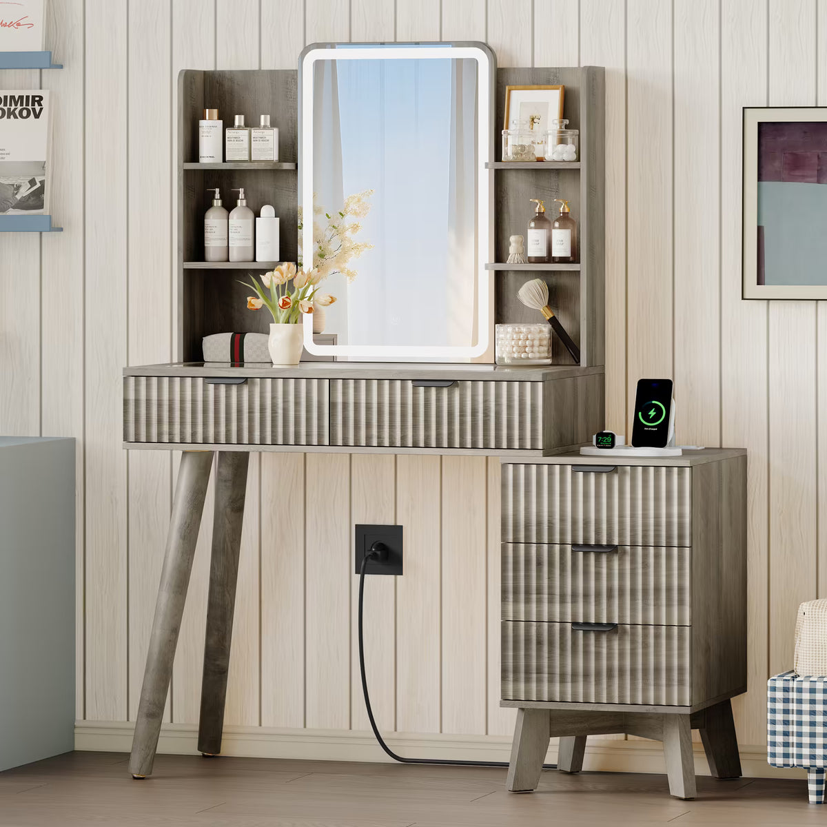 Anymaple Linea Gray fluted vanity desk with HD lighted mirror side cabinet and lower drawer storage for beauty essentials