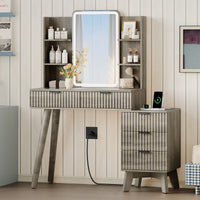 Anymaple Linea Gray fluted vanity desk with HD lighted mirror side cabinet and lower drawer storage for beauty essentials
