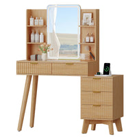 Anymaple Linea Oak fluted vanity desk with HD lighted mirror modern bedroom dressing table room view