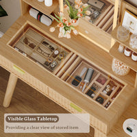Anymaple Linea Oak fluted vanity desk with HD lighted mirror drawer organization for cosmetics, jewelry, and makeup tools