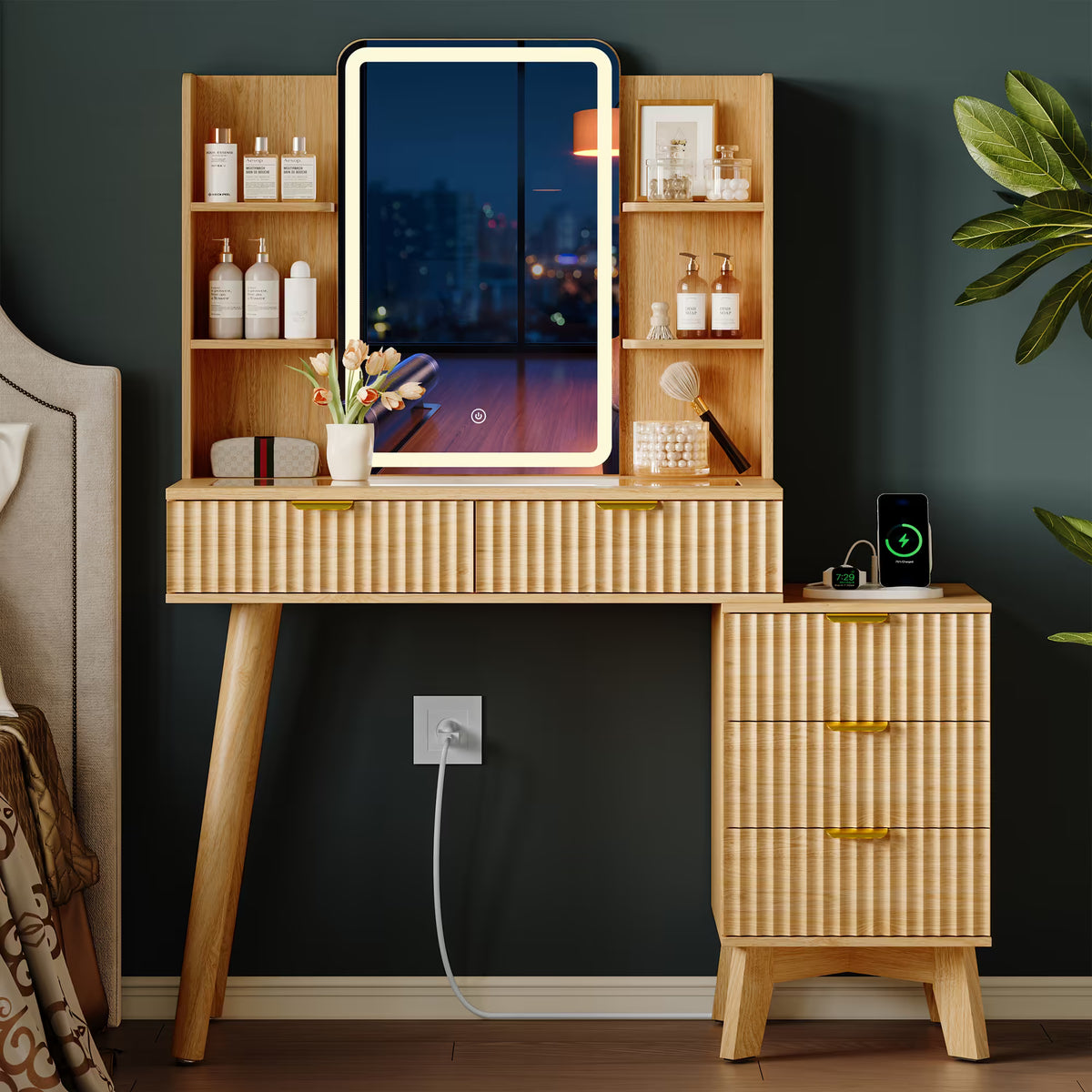 Anymaple Linea Oak fluted vanity desk with HD lighted mirror fluted drawer fronts and hidden pull detail