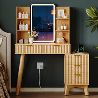 Anymaple Linea Oak fluted vanity desk with HD lighted mirror fluted drawer fronts and hidden pull detail