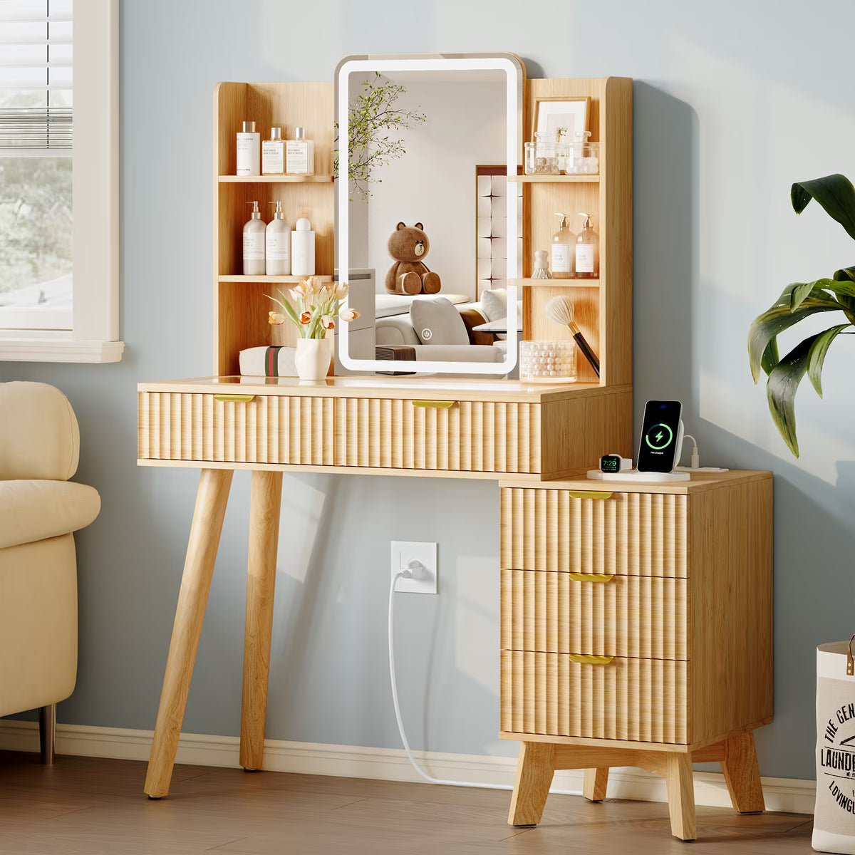 Anymaple Linea Oak fluted vanity desk with HD lighted mirror transparent glass tabletop with visible cosmetic storage