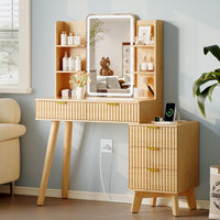 Anymaple Linea Oak fluted vanity desk with HD lighted mirror transparent glass tabletop with visible cosmetic storage