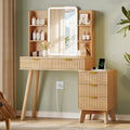 Anymaple Linea Oak fluted vanity desk with HD lighted mirror main view with HD lighted mirror, fluted drawers, side shelves