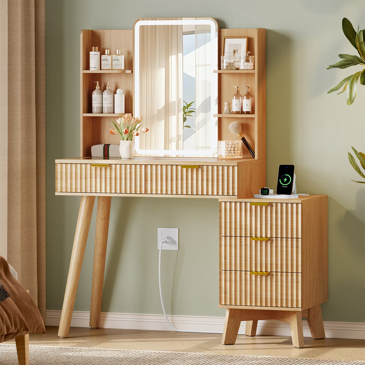 Anymaple Linea Oak fluted vanity desk with HD lighted mirror main view with HD lighted mirror, fluted drawers, side shelves, and charging station
